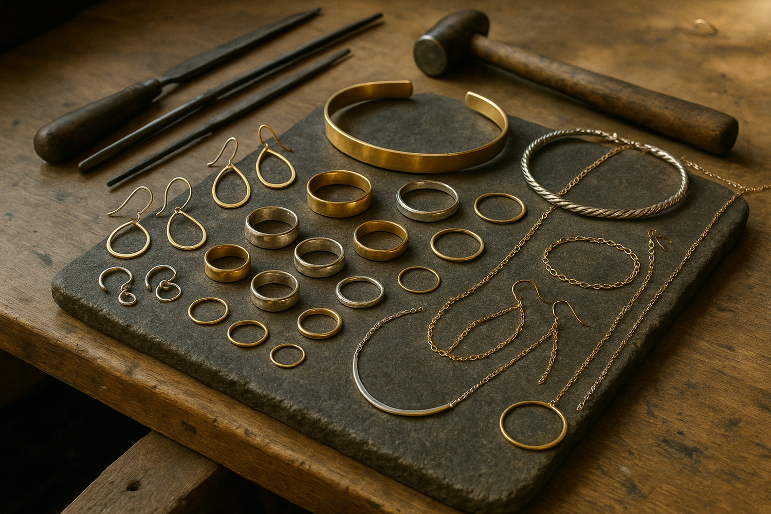 украшения ручной работы из серебра, золота и латуни на столе в ювелирной мастерской мастерской